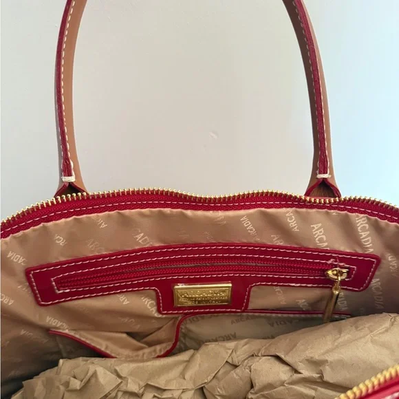 Arcadia Glossy Red and Tan Satchel - Picture 4 of 8